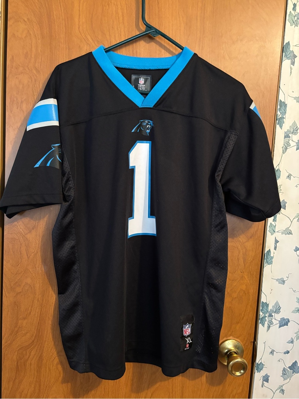 c-1 Cam Newton NFL Youth Team Apparel Jersey in Black and Light Blue Trim